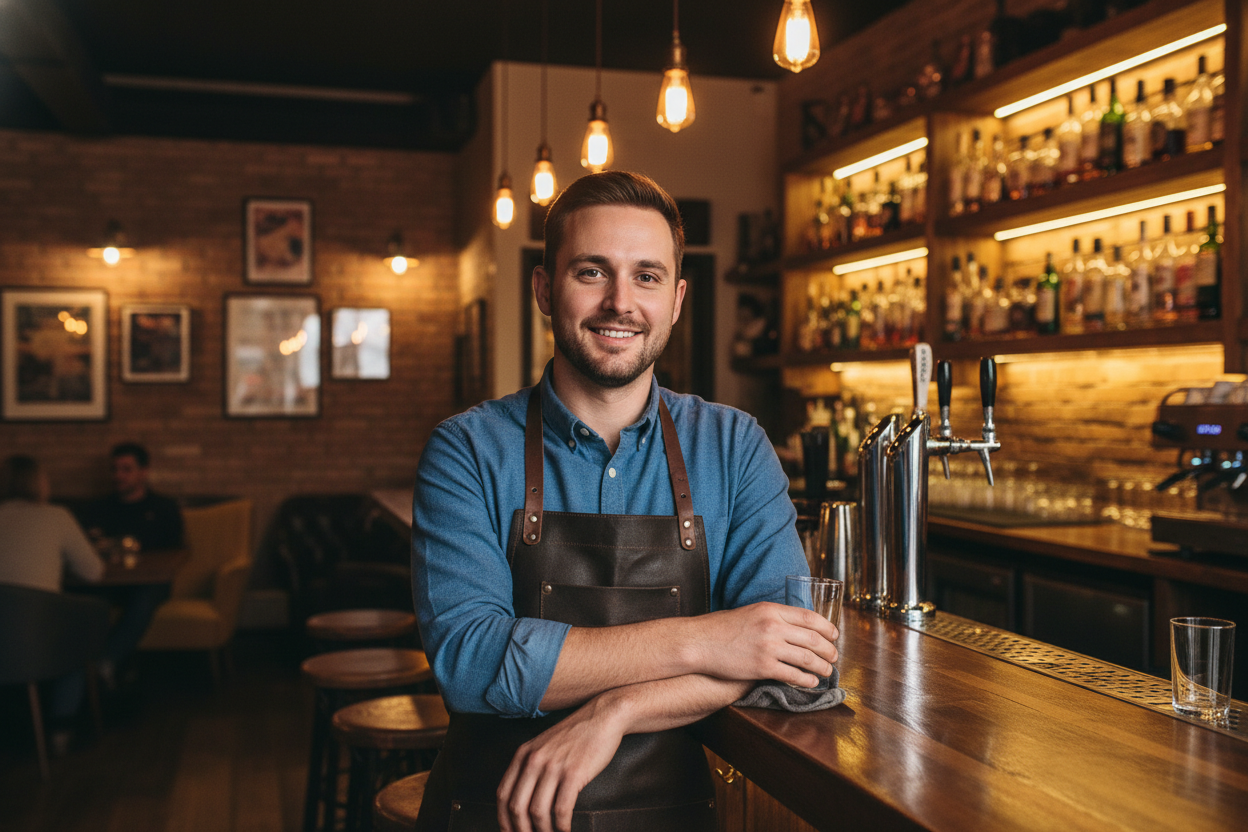 Owner of a bar working behind it